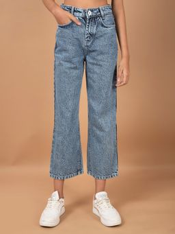 CRIMSOUNE CLUB - Girls Blue Wide Leg 100% Cotton Crop Length Jeans