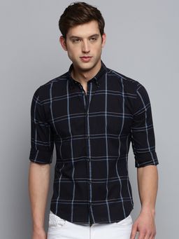 SHOWOFFFF - Mens Spread Collar Checked Navy Blue Classic Shirt