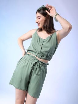 Freehand - Women Green Regular Fit Solid Crop Top with Shorts Co-Ord (Set of 2)