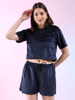 Freehand - Women Navy Blue Regular Fit Solid Round Neck Co-Ord (Set of 2)