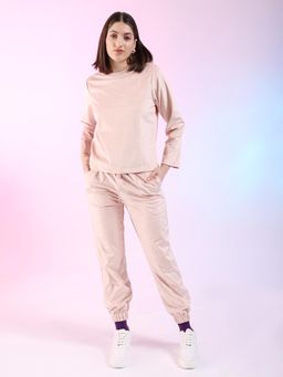 Freehand - Women Pink Slim Solid Round Neck Top with Pant Co-Ord (Set of 2)