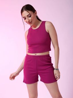 Freehand - Women Purple Fitted Solid Crop Top with Shorts Co-Ord (Set of 2)