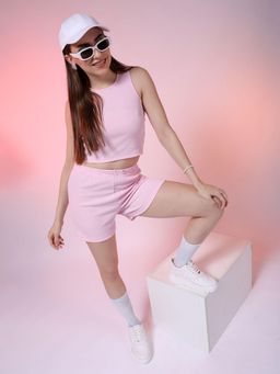 Freehand - Women Pink Fitted Solid Crop Top with Shorts Co-Ord (Set of 2)
