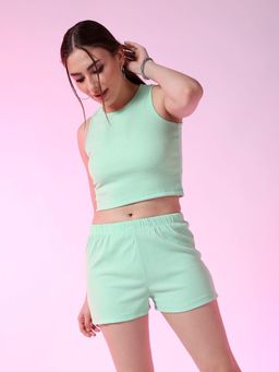 Freehand - Women Green Fitted Solid Crop Top with Shorts Co-Ord (Set of 2)