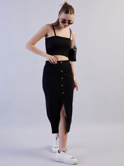 Freehand - Women Black Fitted Solid Crop Top with Button Down Skirt Co-Ord (Set of 2)
