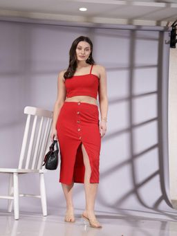 Freehand - Women Red Fitted Solid Crop Top with Button Down Skirt Co-Ord (Set of 2)