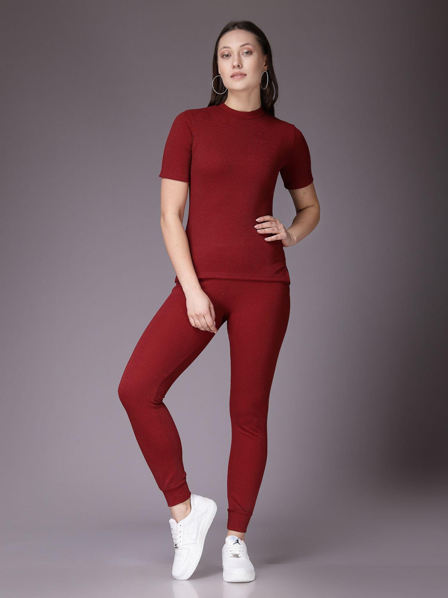 freehand Women Maroon Fitted Solid Top with Leggings Co-Ord (Set of 2)-picture-14