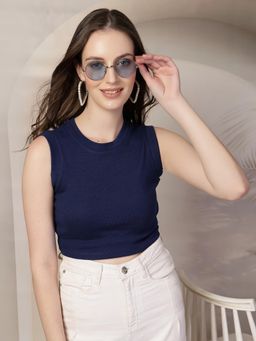 KASSUALLY - Women Navy Blue Round Neck Solid Sleeveless Crop Top