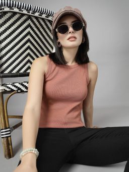 KASSUALLY - Women Pink Round Neck Solid Regular Sleeveless Top