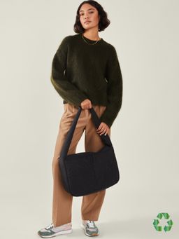 Accessorize London - Women's Black Recycled Polyester Floral Quilted Shoulder Bag