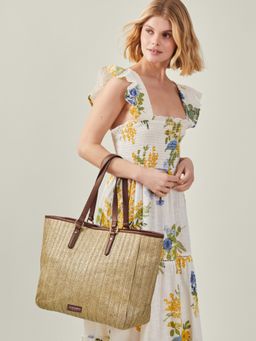 Accessorize London - Women's Gold Large Metallic Raffia Shopper Bag (L)