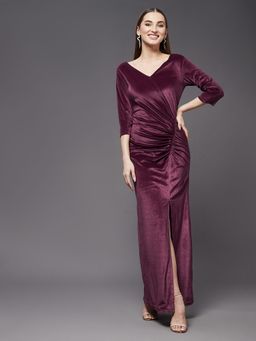 Miss Chase - Women's Dark Mauve V-Neck 3/4th Sleeve Solid Ruched Maxi Party Dress
