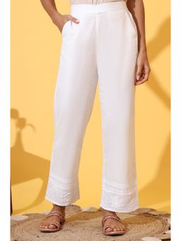 Elleven - Women White Solid Schiffli Embroidered Pure Cotton Pant