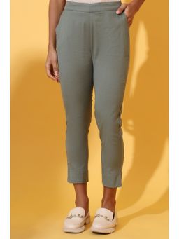 Elleven - Women Oil Green Solid Cotton Flax Pant