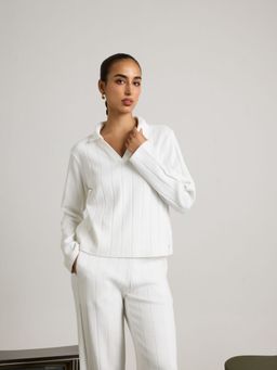 Muvazo - White Tactile Pleated Polo T-Shirt