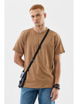 Snitch - Mens Beige Textured Half Sleeves Casual T-shirt