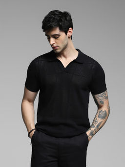 Jack & Jones - Mens Black Self Design Regular Fit Polo T-shirt