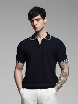 Jack & Jones - Mens Navy Blue Textured Regular Fit Polo T-shirt
