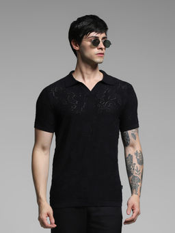 Jack & Jones - Mens Black Self Design Regular Fit Polo T-shirt