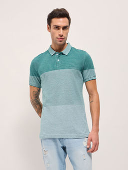The Bear House - Mens Slim Fit Teal Cotton Colorblock Polo T-shirt