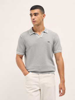 The Bear House - Mens Slim Fit Grey Cotton Casual Polo T-shirt