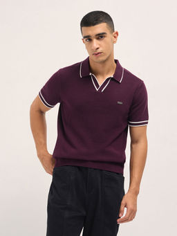 The Bear House - Mens Slim Fit Wine Cotton Casual Polo T-shirt