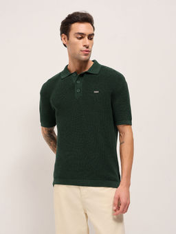 The Bear House - Mens Relaxed Fit Green Cotton Textured Casual Polo T-shirt