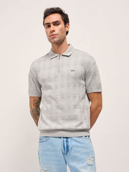 The Bear House - Mens Relaxed Fit Grey Cotton Textured Casual Polo T-shirt