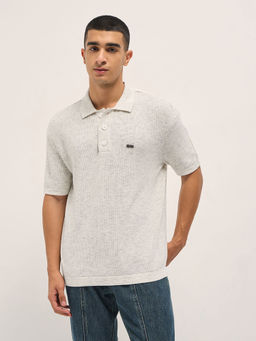 The Bear House - Mens Relaxed Fit Grey 3D Textured Cotton Casual Polo T-shirt