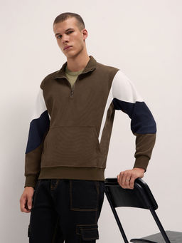 The Bear House - Mens Regular Fit Dark Brown Cotton Blend Casual Sweatshirt