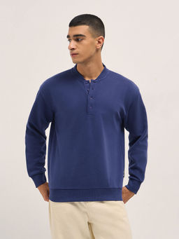 The Bear House - Mens Relaxed Fit Royal Blue Solid Cotton Blend Sweatshirt