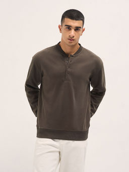 The Bear House - Mens Relaxed Fit Dark Brown Solid Cotton Blend Sweatshirt