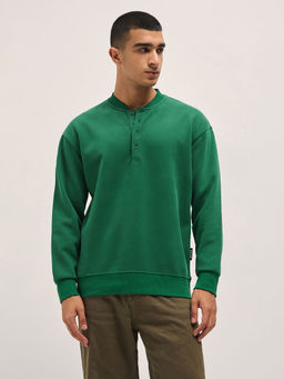 The Bear House - Mens Relaxed Fit Green Solid Cotton Blend Sweatshirt