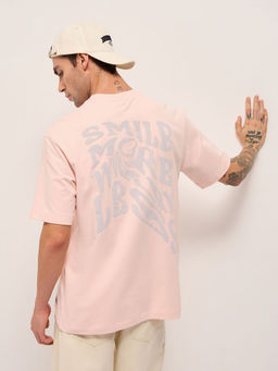 The Bear House - Mens Relaxed Fit Peach Cotton Typography T-shirt