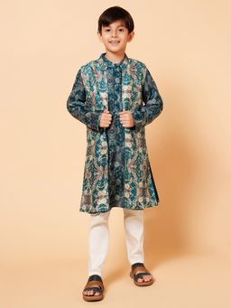 PICCOLO - Boys Green Kurta Pyjama with Long Jacket (Set of 3)