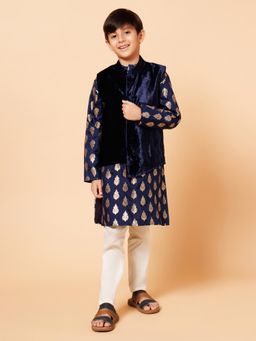 PICCOLO - Boys Blue Kurta Pyjama with Velvet Jacket (Set of 3)