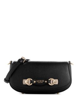 Guess - Black Textured Mimina Flap Crossbody Sling Bag with Detachable Strap