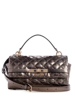 Guess - Pewter Quilted Idra Top Handle Flap Satchel Bag with Detachable Strap