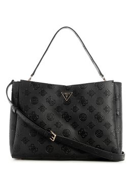 Guess - Black Logo Embossed Monogram Tisha Large Girlfriend Satchel Bag with Detachable Strap