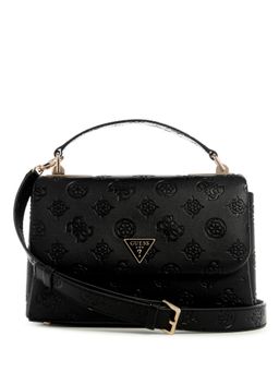 Guess - Black Logo Embossed Monogram Tisha Top Handle Flap Satchel Bag & Detachable Strap