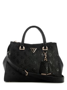 Guess - Black Logo Embossed Monogram Cresidia Society Satchel Bag with Detachable Strap