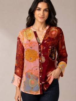 SHAYE - Brown Floral Print with Contrast Panels Shirt