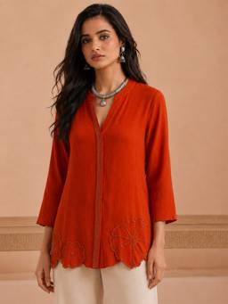 SHAYE - Rust Floral Hem Embellishment Shirt