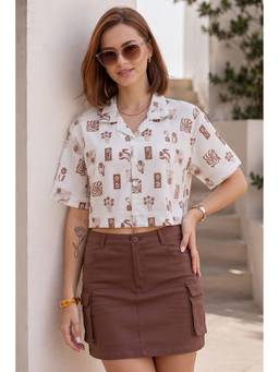 JUNEBERRY - White Printed Cotton Oversized Crop Shirt