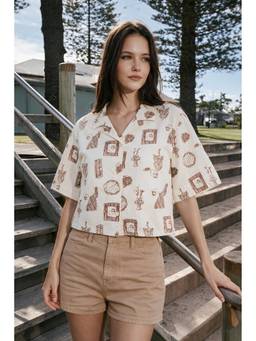 JUNEBERRY - White Printed Nylon Oversized Crop Shirt
