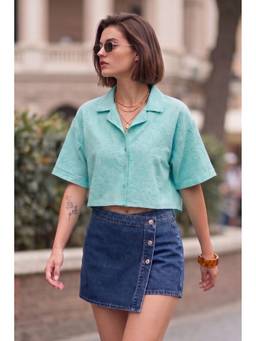JUNEBERRY - Blue Embroidery Oversized Crop Shirt