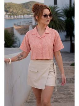 JUNEBERRY - Pink Embroidery Oversized Crop Shirt
