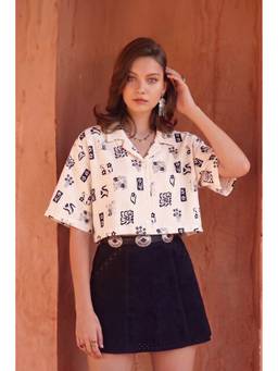 JUNEBERRY - Printed White Cotton Oversized Crop Shirt