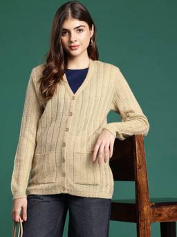 CAYMAN - Beige Self Design Woollen Cardigan