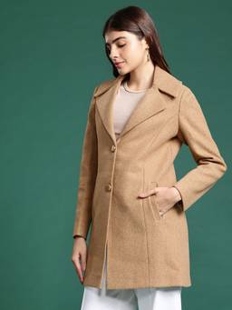 CAYMAN - Brown Women Solid Notched Lapel Collar Knee Length Single Breasted Overcoat